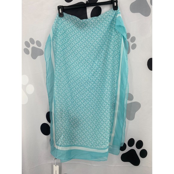 Calvin Klein NWT Chain Print Chiffon Oblong Scarf Border Aquatic Blue OS New - Picture 6 of 9